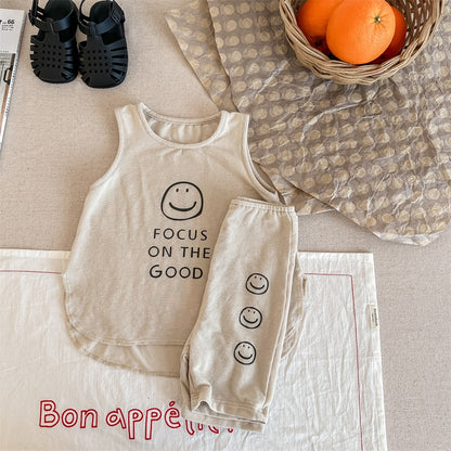 -キッズ スマイル セットアップ タンクトップ ショート レギンスパンツ【mh0001805】 - mamahalo shop - ノースリーブセットアップ -  べビー服 - 子供服 - 男の子 - 女の子