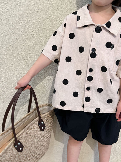-キッズ セットアップ みずたま ブラウス シャツ ハーフパンツ - mamahalo shop - 半袖セットアップ -  べビー服 - 子供服 - 男の子 - 女の子