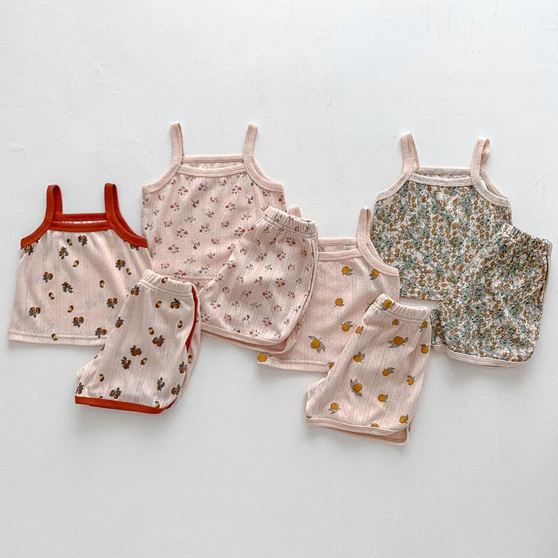 -ベビー メッシュ セットアップ キャミソール トップス ショートパンツ レモン フラワー 洋梨【mh0001811】 - mamahalo shop - ノースリーブセットアップ -  べビー服 - 子供服 - 男の子 - 女の子