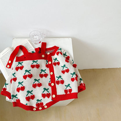 -ベビー ニット セットアップ ハート チェリー さくらんぼ カーディガン サスペンダー ロンパース - mamahalo shop - ロンパースセットアップ -  べビー服 - 子供服 - 男の子 - 女の子