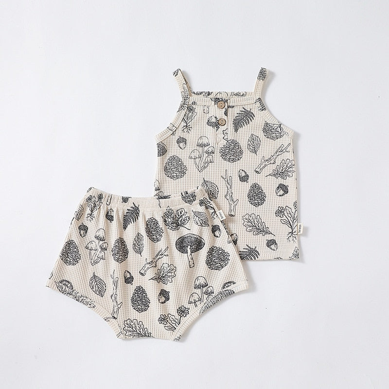 -ベビー ワッフル ボタニカル セットアップ キャミソール タンクトップ ショートパンツ ブルマパンツ 太陽 幾何学【mh0001763】 - mamahalo shop - ノースリーブセットアップ -  べビー服 - 子供服 - 男の子 - 女の子