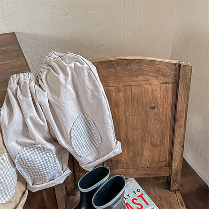 -キッズ チェック 膝パッチ ルーズ パンツ ズボン - mamahalo shop - ロングパンツ・スウェットパンツ -  べビー服 - 子供服 - 男の子 - 女の子