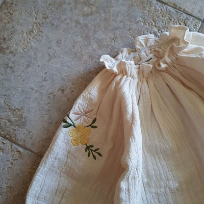 -ベビー チェック 無地 フラワー 刺繍 パフスリーブ 長袖 スモック ブラウス トップス - mamahalo shop - 長袖シャツ・ブラウス -  べビー服 - 子供服 - 男の子 - 女の子