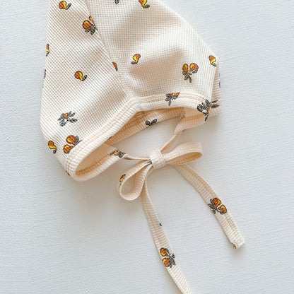 -ベビー ワッフル プリント ボンネット 帽子 フラワー 車 くるま 恐竜 ダイナソー - mamahalo shop - ベビー用帽子 -  べビー服 - 子供服 - 男の子 - 女の子