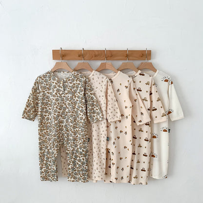 -ベビー 長袖 プリント ロンパース ジャンプスーツ 車 くるま フラワー - mamahalo shop - 長袖ロンパース -  べビー服 - 子供服 - 男の子 - 女の子
