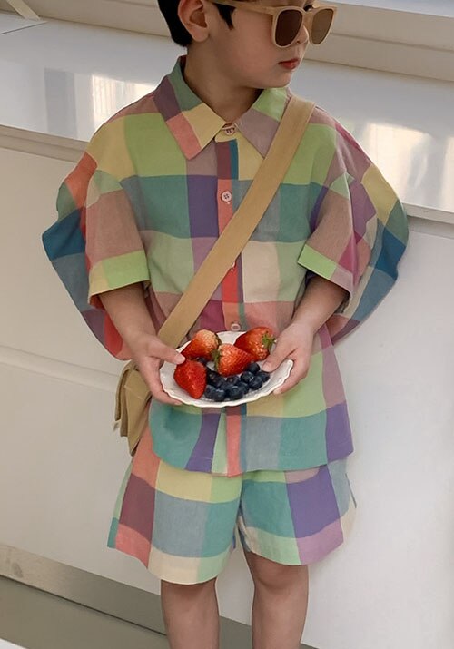 -キッズ ガールズ ボーイズ セットアップ マドラス チェック 半袖 シャツ ブラウス ショートパンツ バルーンパンツ リンク 兄弟 姉妹 お揃い コーデ - mamahalo shop - 半袖セットアップ -  べビー服 - 子供服 - 男の子 - 女の子