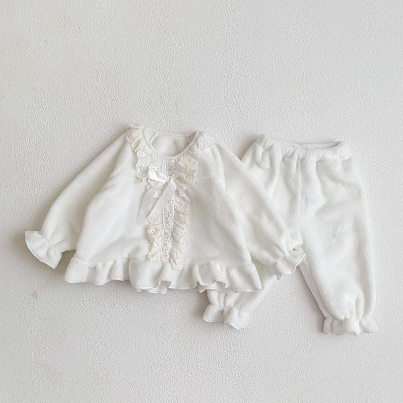 -☺︎ ベビー 長袖 パジャマ セット フリース レース フリル トップス パンツベビー 長袖 パジャマ セット フリース レース フリル トップス パンツ - mamahalo shop - 長袖パジャマ -  べビー服 - 子供服 - 男の子 - 女の子