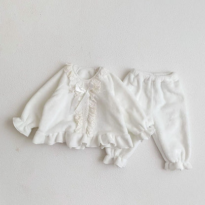 -☺︎ ベビー 長袖 パジャマ セット フリース レース フリル トップス パンツベビー 長袖 パジャマ セット フリース レース フリル トップス パンツ - mamahalo shop - 長袖パジャマ -  べビー服 - 子供服 - 男の子 - 女の子