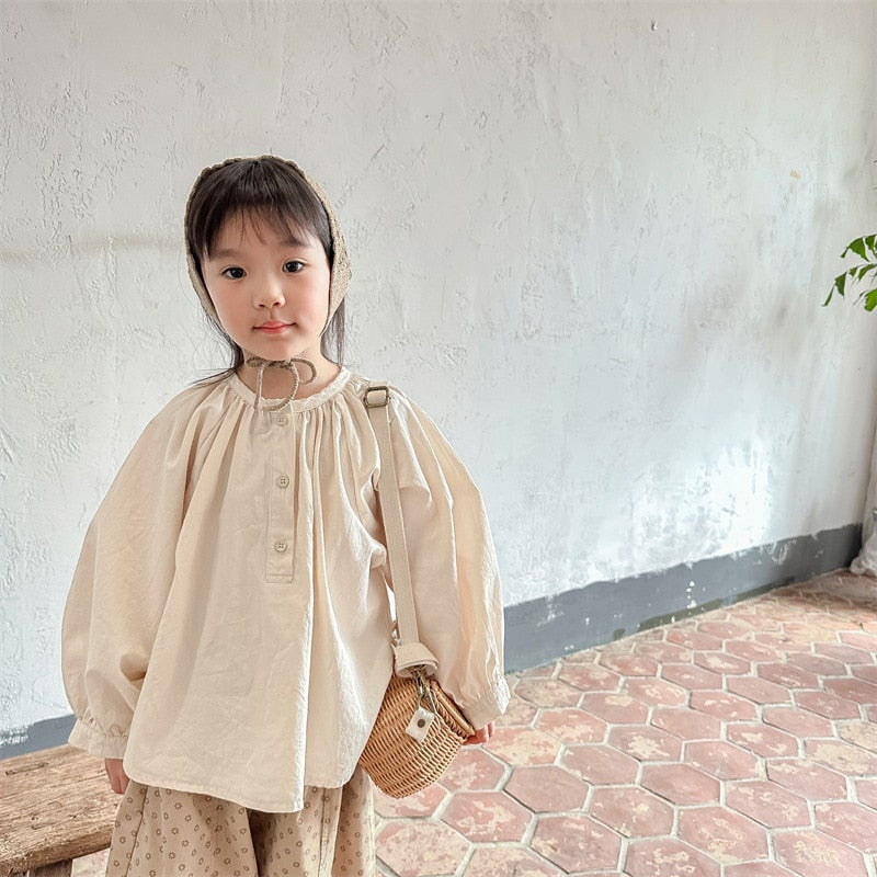 -キッズ ノーカラー ルーズ チュニック ブラウス トップス - mamahalo shop - 長袖シャツ・ブラウス -  べビー服 - 子供服 - 男の子 - 女の子