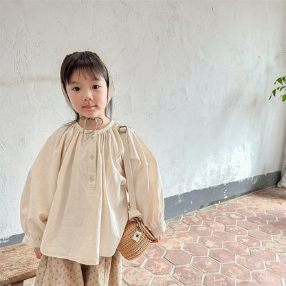 -キッズ ノーカラー ルーズ チュニック ブラウス トップス - mamahalo shop - 長袖シャツ・ブラウス -  べビー服 - 子供服 - 男の子 - 女の子