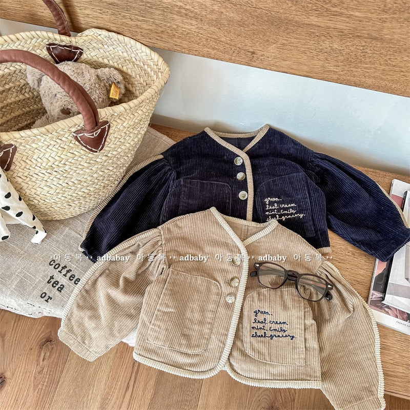 -キッズ レターロゴ 刺繍 コーデュロイ 長袖 パフスリーブ ジャケット コート アウター ガールズ【mh0002607】 - mamahalo shop - ショートコート・ジャケット・ジャンパー -  べビー服 - 子供服 - 男の子 - 女の子