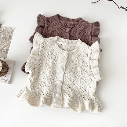 -ベビー キッズ ニット フリル ベスト カーディガン クリームアイボリー ライトコーヒー 2色 ガールズ 女の子【mh0002807】 - mamahalo shop - ベスト -  べビー服 - 子供服 - 男の子 - 女の子