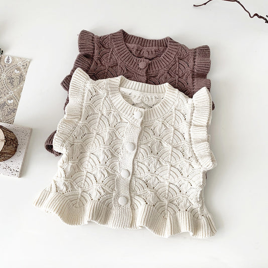 -ベビー キッズ ニット フリル ベスト カーディガン クリームアイボリー ライトコーヒー 2色 ガールズ 女の子【mh0002807】 - mamahalo shop - ベスト -  べビー服 - 子供服 - 男の子 - 女の子