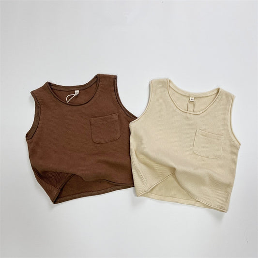 -キッズ ワッフル ポケット タンクトップ ノースリーブ Tシャツ ベージュ コーヒーブラウン ボーイズ【mh0002232】 - mamahalo shop - タンクトップ・キャミソール・ノースリーブトップス -  べビー服 - 子供服 - 男の子 - 女の子