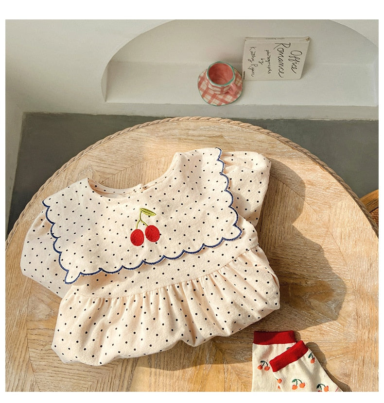 -キッズ みずたま チェリー 刺繍 長袖 ワンピース - mamahalo shop - 長袖ワンピース -  べビー服 - 子供服 - 男の子 - 女の子