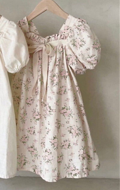 -キッズ フラワー 無地 リボン 半袖 パフスリーブ ワンピース - mamahalo shop - 半袖ワンピース -  べビー服 - 子供服 - 男の子 - 女の子