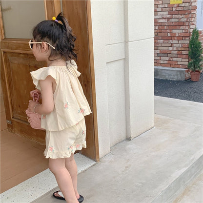 -キッズ セットアップ フラワー 刺繍 フリル ノースリーブ ブラウス トップス フリル ショートパンツ - mamahalo shop - ノースリーブセットアップ -  べビー服 - 子供服 - 男の子 - 女の子