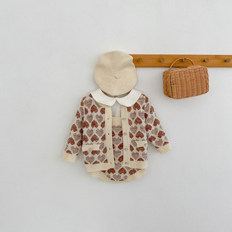 -ベビー セットアップ ニット ハート カーディガン サスペンダー ロンパース - mamahalo shop - ロンパースセットアップ -  べビー服 - 子供服 - 男の子 - 女の子