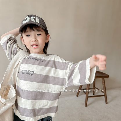 -キッズ 太ボーダー レターロゴ 長袖 Tシャツ トップス - mamahalo shop - 長袖Tシャツ -  べビー服 - 子供服 - 男の子 - 女の子