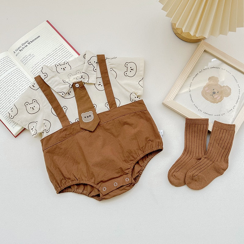 ベビー くま ベア ネクタイ ドッキング 半袖 ロンパース - mamahalo shop - 半袖ロンパース - ベビー服 - 子供服 - 男の子 - 女の子