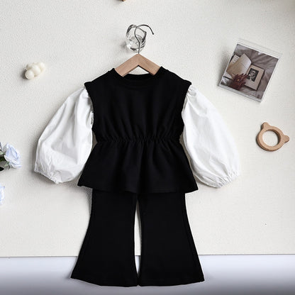 -キッズ セットアップ 長袖 パッチワーク チュニック ブラウス フレア ロングパンツ ブラック グレー ガールズ - mamahalo shop - 長袖セットアップ -  べビー服 - 子供服 - 男の子 - 女の子