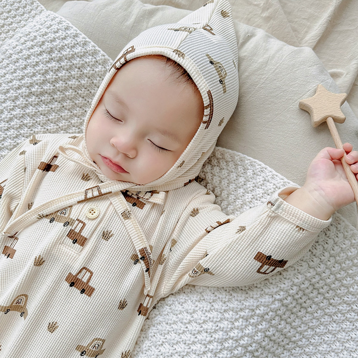 -ベビー ワッフル プリント ボンネット 帽子 フラワー 車 くるま 恐竜 ダイナソー - mamahalo shop - ベビー用帽子 -  べビー服 - 子供服 - 男の子 - 女の子