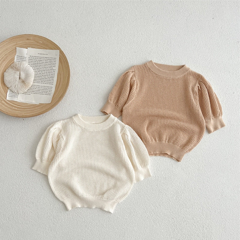 -ベビー サマーニット レース 半袖 パフスリーブ セーター カットソー Tシャツ トップス ベージュホワイト ブラウン ガールズ - mamahalo shop - ニット・セーター -  べビー服 - 子供服 - 男の子 - 女の子