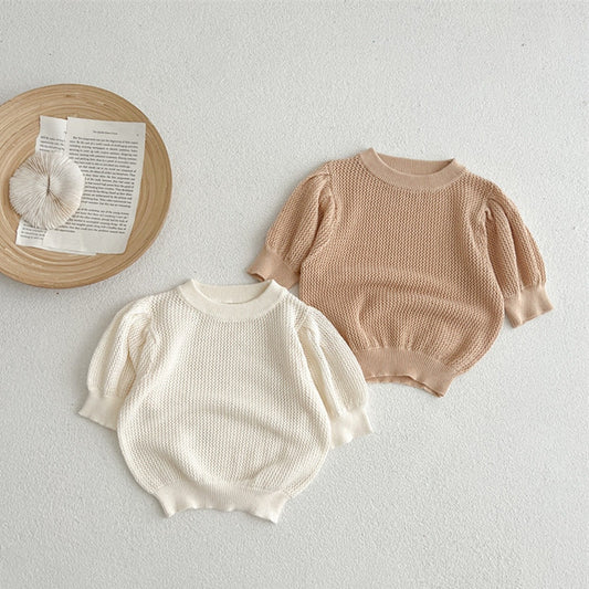 -ベビー サマーニット レース 半袖 パフスリーブ セーター カットソー Tシャツ トップス ベージュホワイト ブラウン ガールズ - mamahalo shop - ニット・セーター -  べビー服 - 子供服 - 男の子 - 女の子