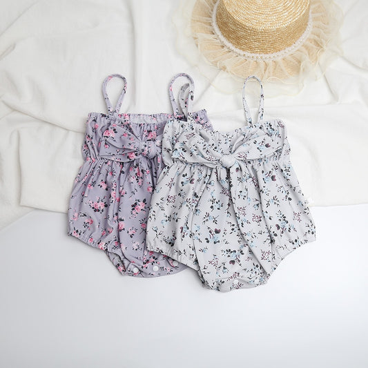 -ベビー 水着 フラワー 花柄 キャミソール リボン ワンピース スイムウェア パープル グレー ガールズ【mh0002046】 - mamahalo shop - ベビー用水着 -  べビー服 - 子供服 - 男の子 - 女の子