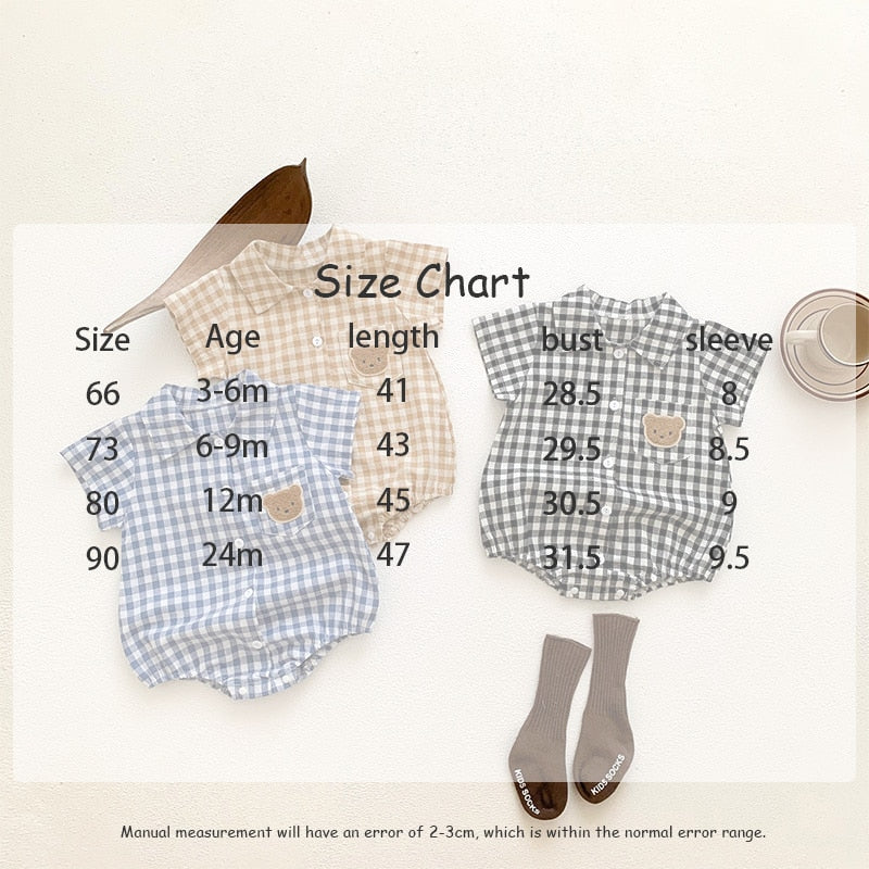-ベビー デニム チェック くま ベア 半袖 シャツ ロンパース - mamahalo shop - 半袖ロンパース -  べビー服 - 子供服 - 男の子 - 女の子