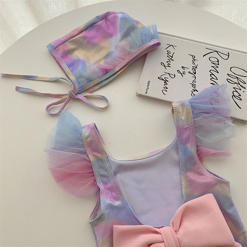 -キッズ 水着 ワンピース レインボー フリル リボン 帽子 セット スイムウェア【mh0001890】 - mamahalo shop - ベビー用水着 -  べビー服 - 子供服 - 男の子 - 女の子