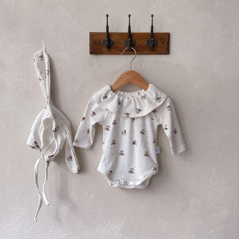 -ベビー フラワー フリルカラー 長袖 ロンパース うさ耳 帽子 セット - mamahalo shop - 長袖ロンパース -  べビー服 - 子供服 - 男の子 - 女の子