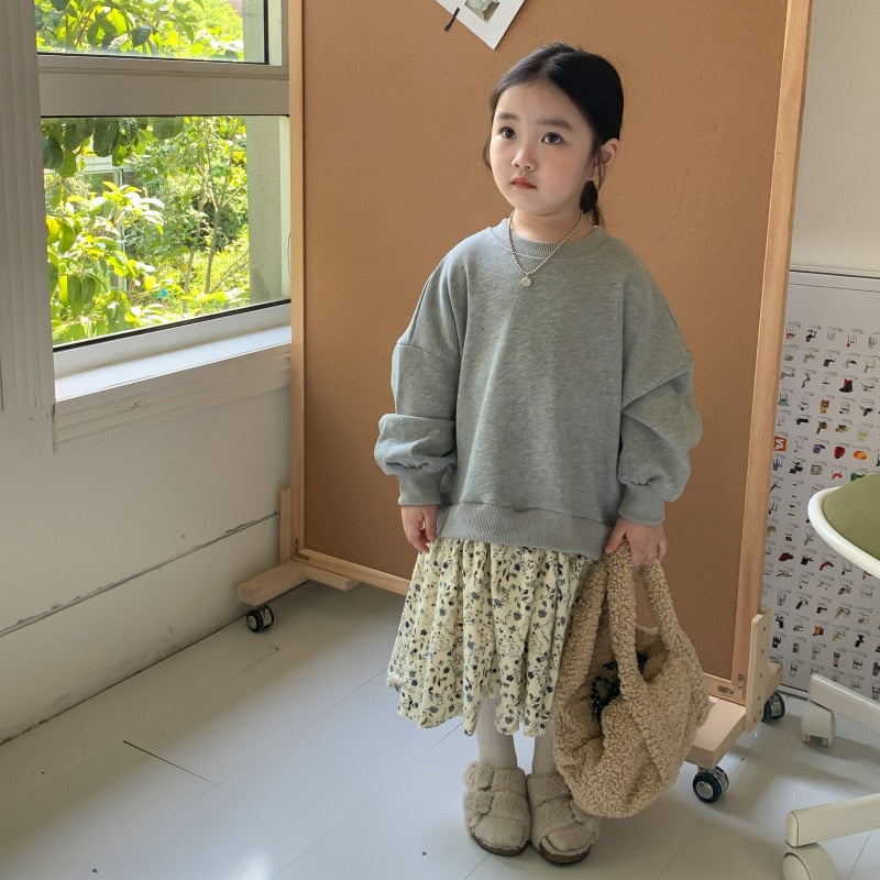 -キッズ ドッキング スウェット フラワー スカート ワンピース - mamahalo shop - 長袖ワンピース -  べビー服 - 子供服 - 男の子 - 女の子