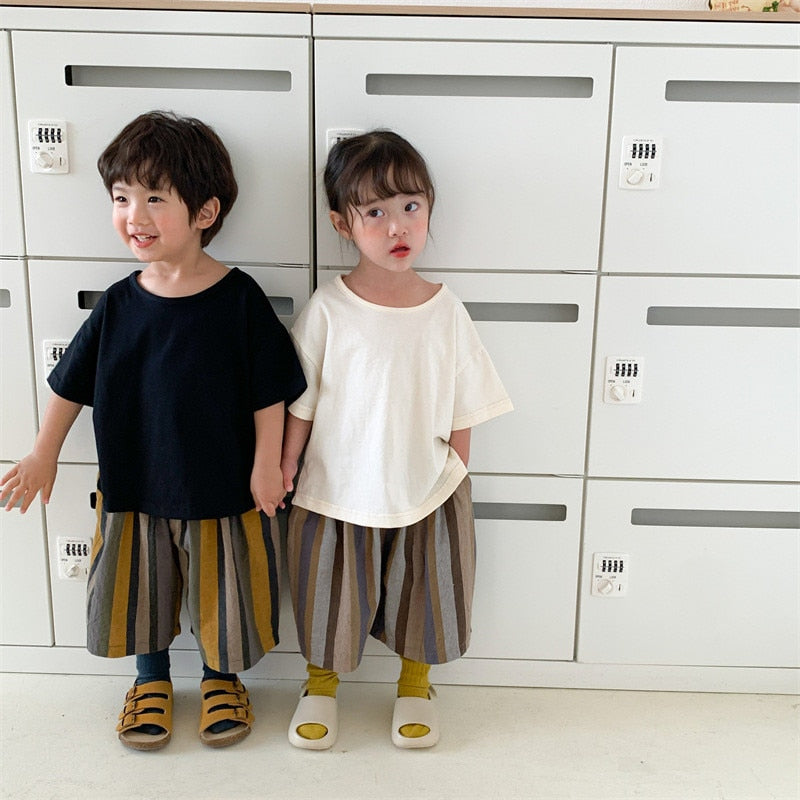 -キッズ ストライプ ルーズ ワイド 半端丈 ガウチョ クロップドパンツ - mamahalo shop - ロングパンツ・スウェットパンツ -  べビー服 - 子供服 - 男の子 - 女の子