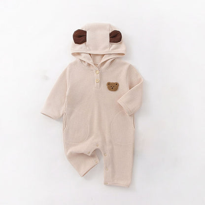 -ベビー くま ベア ワッフル フーディ 長袖 ロンパース ジャンプスーツ - mamahalo shop - 長袖ロンパース -  べビー服 - 子供服 - 男の子 - 女の子