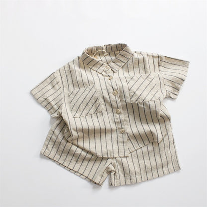 -キッズ ストライプ セットアップ 半袖 シャツ ブラウス ショートパンツ ベージュ ボーイズ - mamahalo shop - 半袖セットアップ -  べビー服 - 子供服 - 男の子 - 女の子