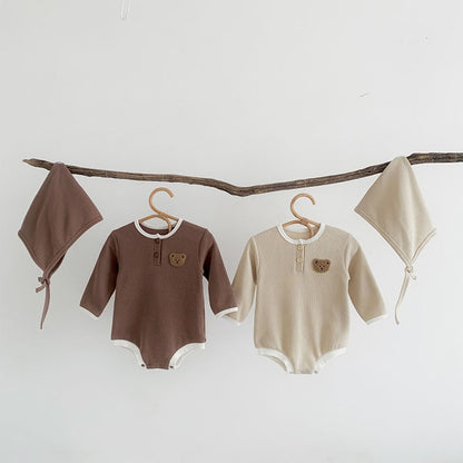 -ベビー ワッフル くま ベア 長袖 ロンパース ボンネット 帽子 セット - mamahalo shop - 長袖ロンパース -  べビー服 - 子供服 - 男の子 - 女の子