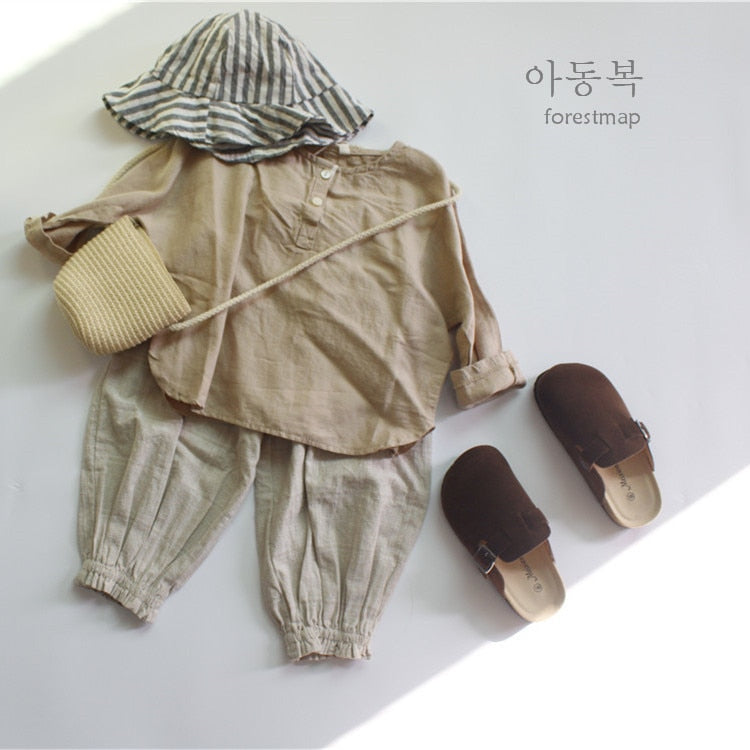 -キッズ チェック コットンリネン シンプル ランタン ルーズ パンツ【mh0001421】 - mamahalo shop - ロングパンツ・スウェットパンツ -  べビー服 - 子供服 - 男の子 - 女の子