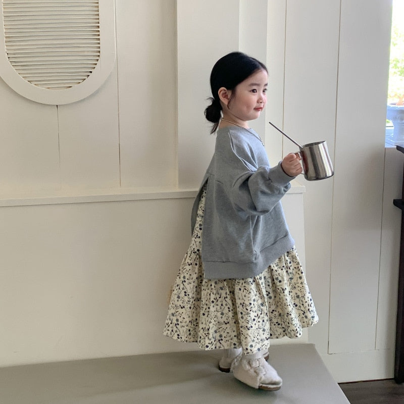 -キッズ ドッキング スウェット フラワー スカート ワンピース - mamahalo shop - 長袖ワンピース -  べビー服 - 子供服 - 男の子 - 女の子