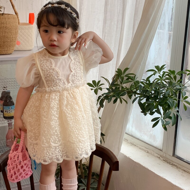 キッズ レース チュール 刺繍 半袖 パフスリーブ ドレス ワンピース - mamahalo shop - 半袖ワンピース - ベビー服 - 子供服 - 男の子 - 女の子