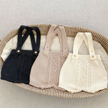 -ベビー アランニット ケーブル編み サスペンダー ニット バルーン パンツ ショートパンツ サロペット ホワイト ベージュ ダークグレー ユニセックス 6999 - mamahalo shop - サロペットパンツ・サスペンダーパンツ -  べビー服 - 子供服 - 男の子 - 女の子