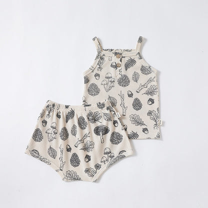 -ベビー ワッフル ボタニカル セットアップ キャミソール タンクトップ ショートパンツ ブルマパンツ 太陽 幾何学【mh0001763】 - mamahalo shop - ノースリーブセットアップ -  べビー服 - 子供服 - 男の子 - 女の子