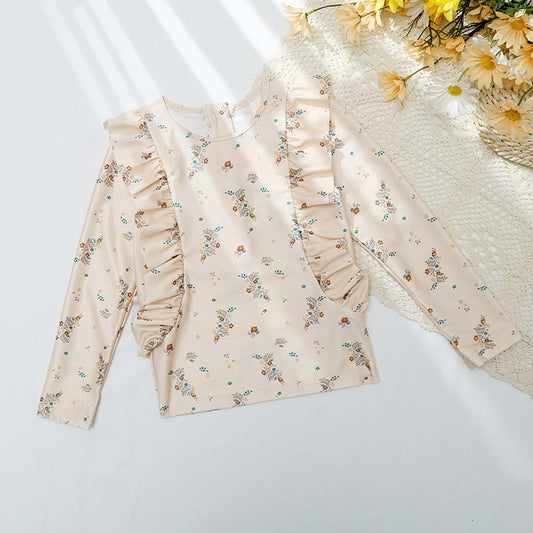 -キッズ 水着 フラワー フリル 長袖 トップス パンツ セパレート  ラッシュガード 帽子 セット スイムウェア【mh0001895】 - mamahalo shop - ベビー用水着 -  べビー服 - 子供服 - 男の子 - 女の子