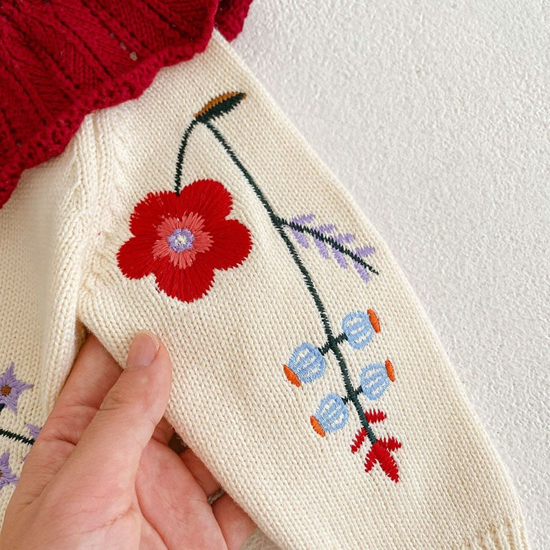 -ベビー ニット セットアップ フラワー 刺繍 フリル セーター ショートパンツ ブルマ - mamahalo shop - 長袖セットアップ -  べビー服 - 子供服 - 男の子 - 女の子
