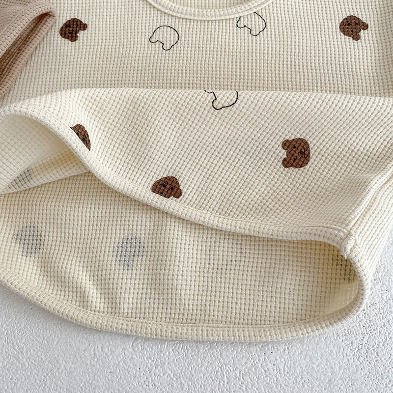 -ベビー セットアップ ワッフル くま ベア 半袖 Tシャツ ショートパンツ ベージュ ブラウン - mamahalo shop - 半袖セットアップ -  べビー服 - 子供服 - 男の子 - 女の子