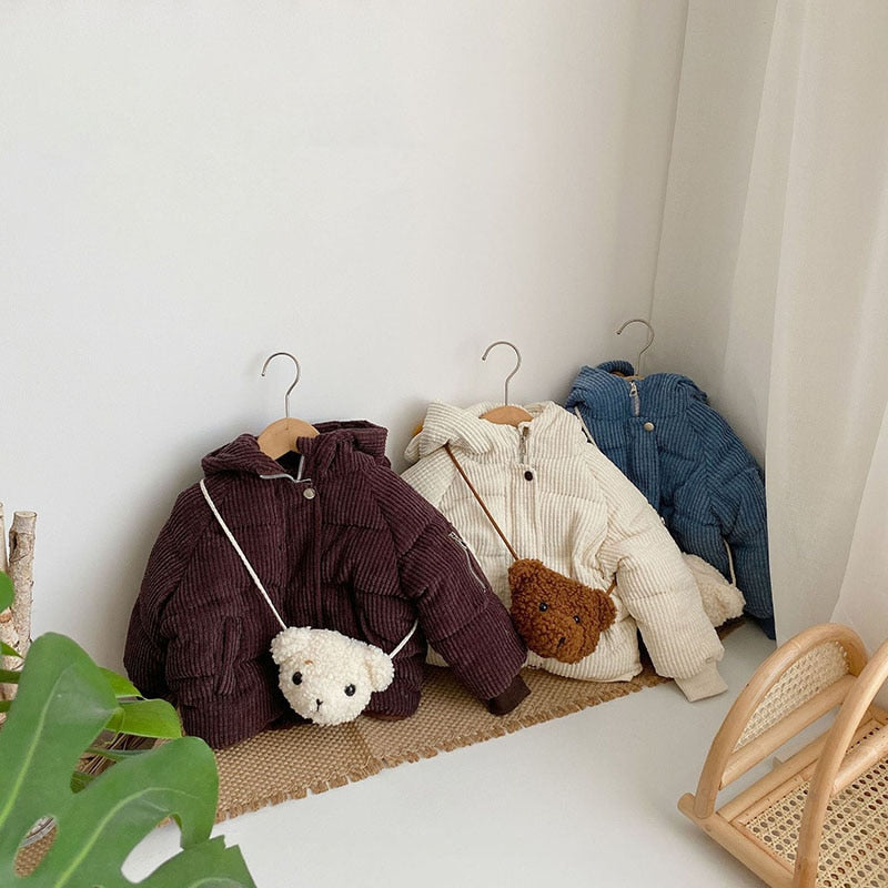 -キッズ コーデュロイ 裏フリース くま耳 フーディ ジャケット ポシェット セット アウター - mamahalo shop - ショートコート・ジャケット・ジャンパー -  べビー服 - 子供服 - 男の子 - 女の子