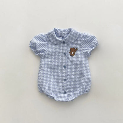 -ベビー チェック くま ベア 半袖 パフスリーブ ブラウス シャツ ロンパース - mamahalo shop - 半袖ロンパース -  べビー服 - 子供服 - 男の子 - 女の子