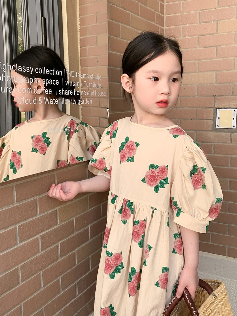 -キッズ ローズ フラワー 半袖 ワンピース シャツ ブラウス ハーフパンツ リンク 兄弟 姉妹 お揃い コーデ - mamahalo shop - 半袖ワンピース -  べビー服 - 子供服 - 男の子 - 女の子