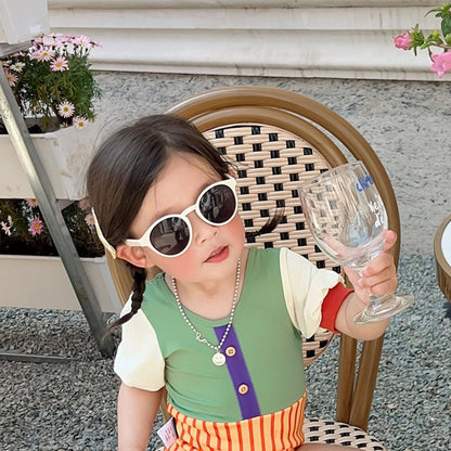 -キッズ 水着 パッチワーク 半袖 切り替え ワンピース ガールズ スイムウェア【mh0001863】 - mamahalo shop - ベビー用水着 -  べビー服 - 子供服 - 男の子 - 女の子