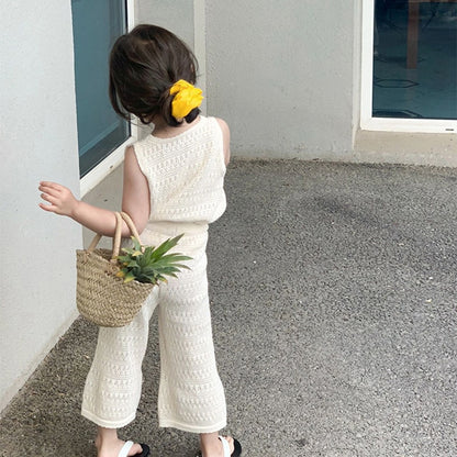 -キッズ セットアップ レースニット タンク ノースリーブ トップス フレア ワイドパンツ【mh0001354】 - mamahalo shop - ノースリーブセットアップ -  べビー服 - 子供服 - 男の子 - 女の子